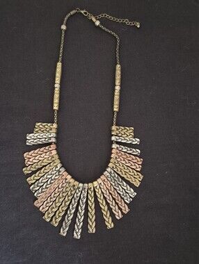 Fringe Bib Statement Necklace Braided Mixed Metal Silver Brass Copper-Toned